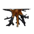 Consolle in legno di teak con bordo vivo e base a tronco d'albero con piano in vetro trasparente - Nero - 16W x 49L x 32H