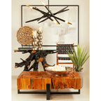 Consolle in legno di teak con bordo vivo e base a tronco d'albero con piano in vetro trasparente - Nero - 16W x 49L x 32H