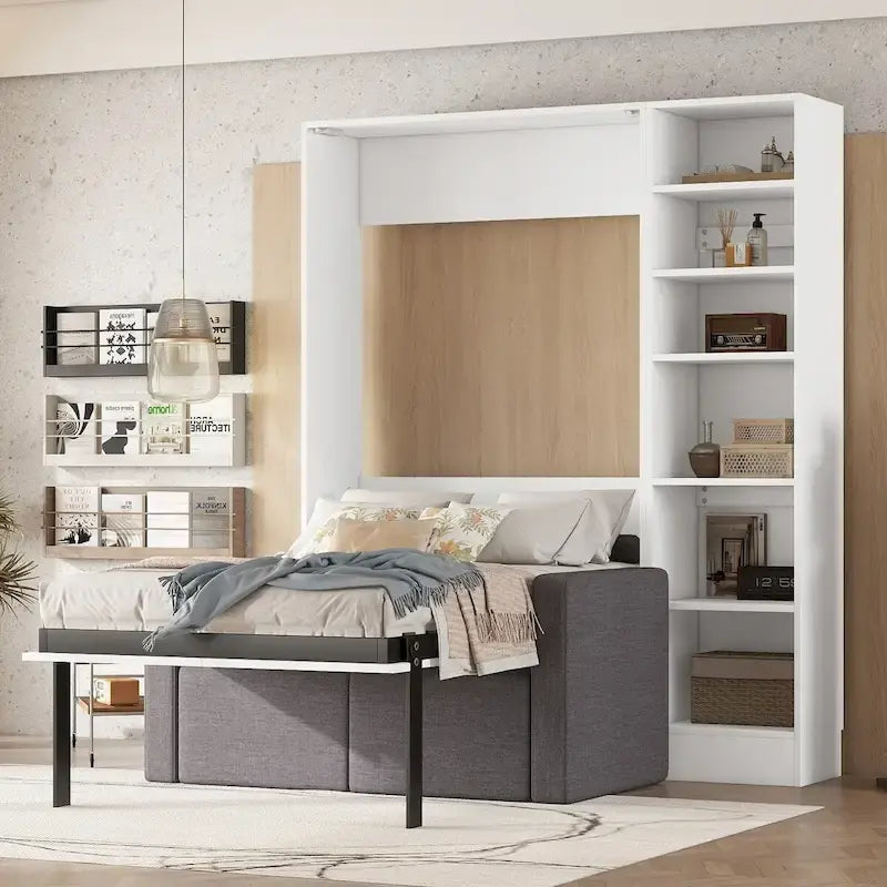 Letto a parete a scomparsa di dimensioni singole con divano, con mensole, bianco