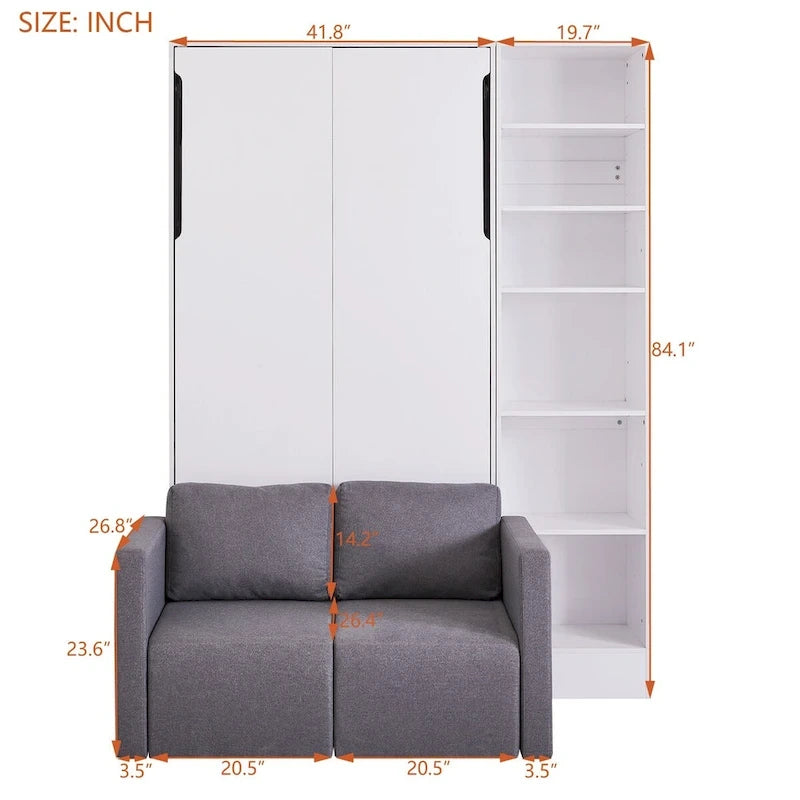 Letto a parete a scomparsa di dimensioni singole con divano, con mensole, bianco