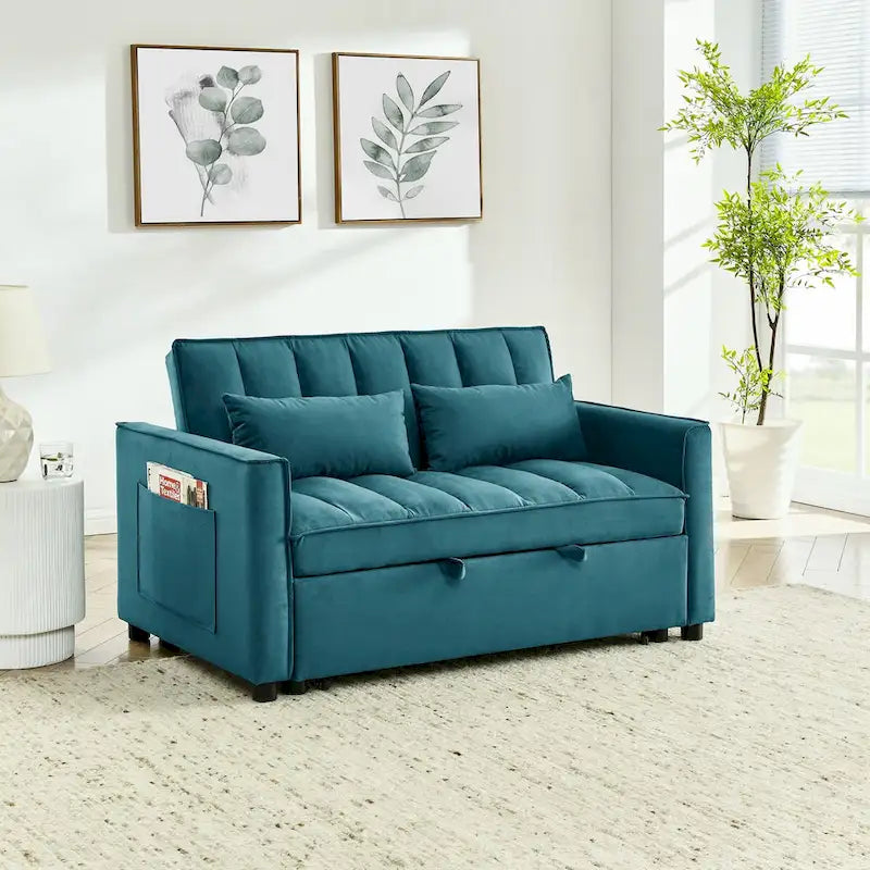Divano Moderno in Velluto a Due Posti con Letto Estraibile, Divano Letto Convertibile 3 in 1 per Soggiorno