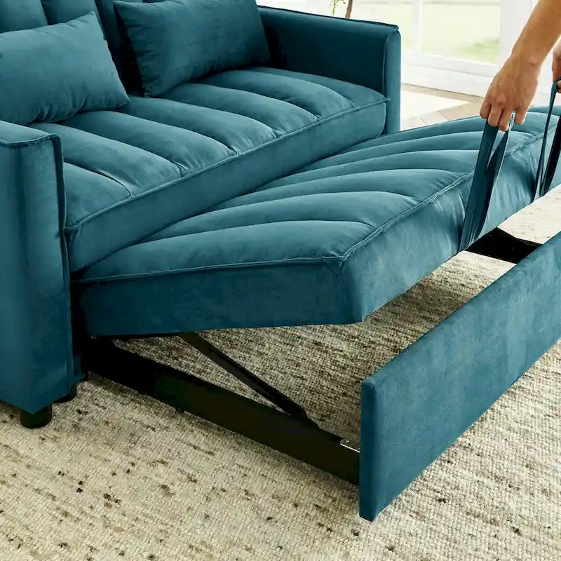Divano Moderno in Velluto a Due Posti con Letto Estraibile, Divano Letto Convertibile 3 in 1 per Soggiorno