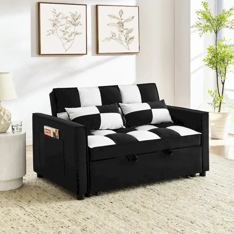 Divano Moderno in Velluto a Due Posti con Letto Estraibile, Divano Letto Convertibile 3 in 1 per Soggiorno