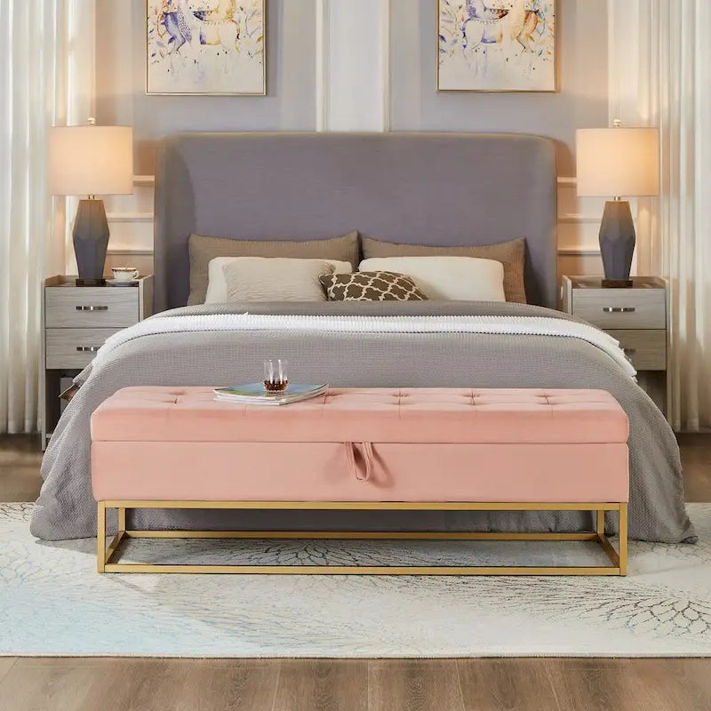 58.6 Panca da letto con base in metallo e contenitore in velluto rosa