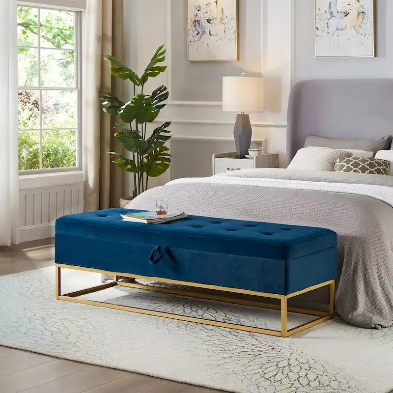 58.6 Panca da letto con base in metallo e contenitore in velluto rosa